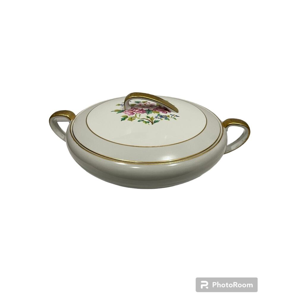 Noritake Round Covered  Serving Dish Pink Rose Grey Gold Trim Japan